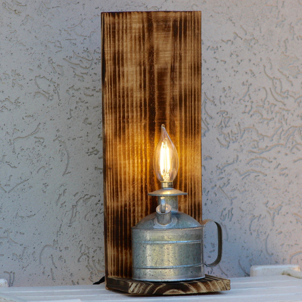 Wooden lamp with a vintage-style light bulb on a textured wall background