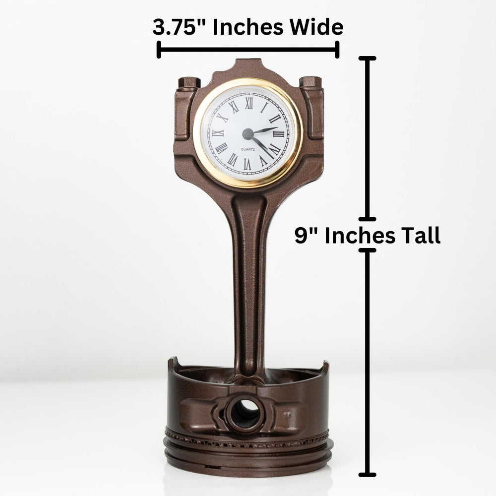 Piston-shaped clock with measurements on a white background