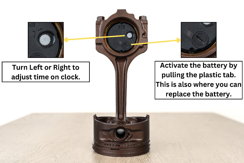 Intricate clock mechanism with instructions on how to adjust time and replace battery.