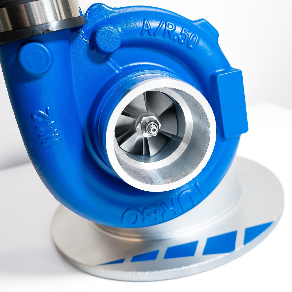 Turbocharger with blue and silver design on a white background