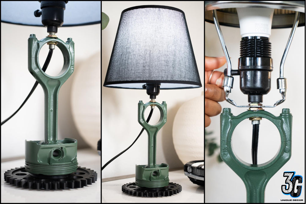 Collage of a unique lamp design made from mechanical parts.