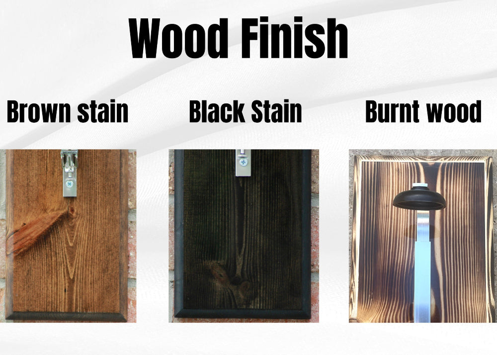 Three wood finish samples labeled 'Brown stain', 'Black Stain', and 'Burnt wood' on a white background.