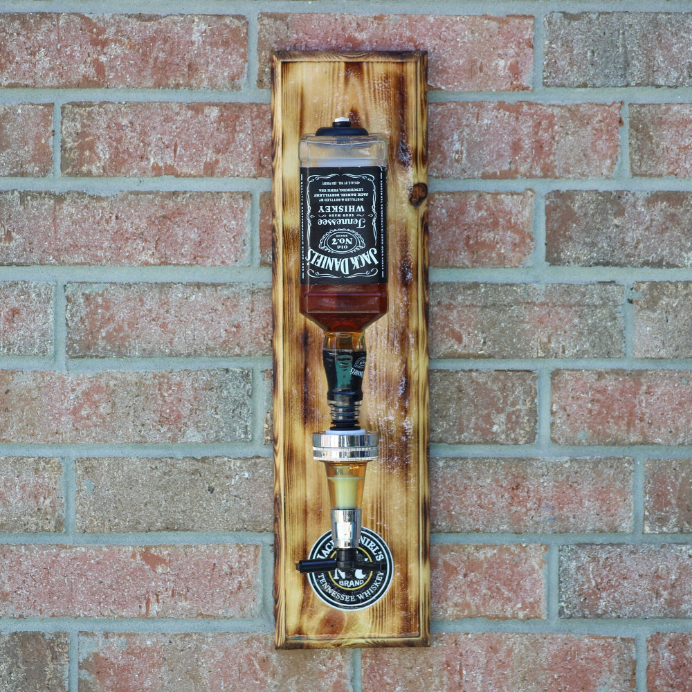 Wooden wall art with a bottle design on a brick wall