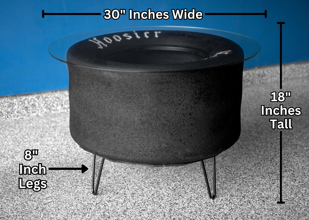 Black fire pit with dimensions labeled on a blue and gray background