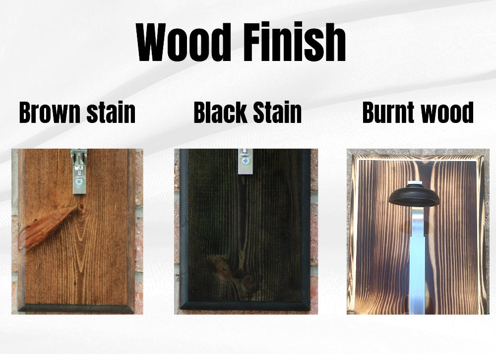 Three wood finish samples labeled 'Brown stain', 'Black Stain', and 'Burnt wood' on a white background.