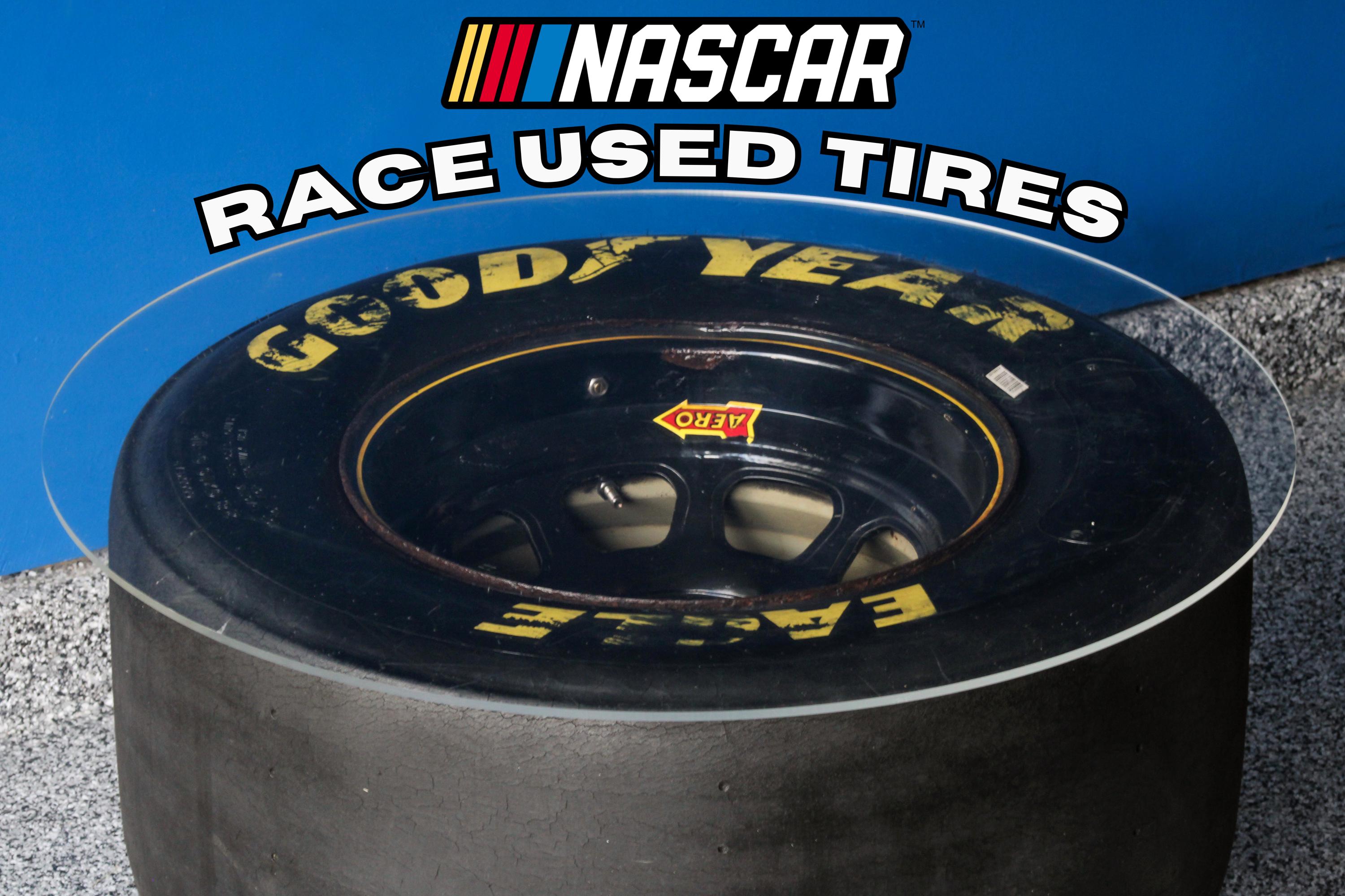 Goodyear race used tire with NASCAR logo on a blue background