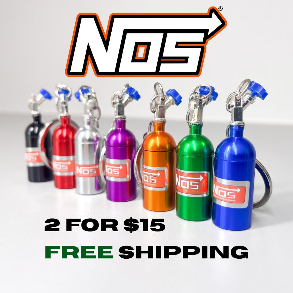 Collection of colorful NOS (Nitrous Oxide Systems) canisters on a white background with promotional text.