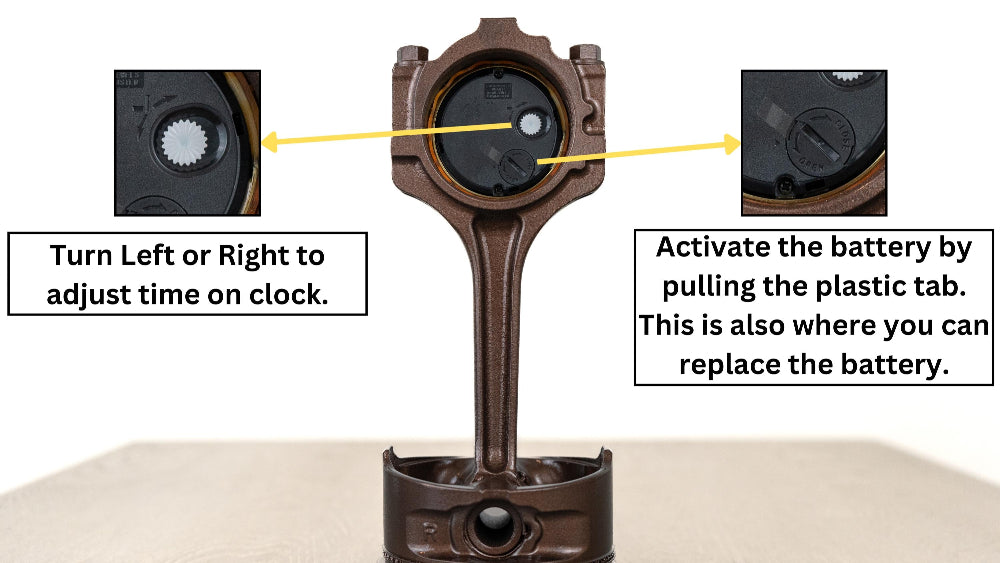 Detailed view of a clock mechanism with instructions on how to adjust time and replace the battery.