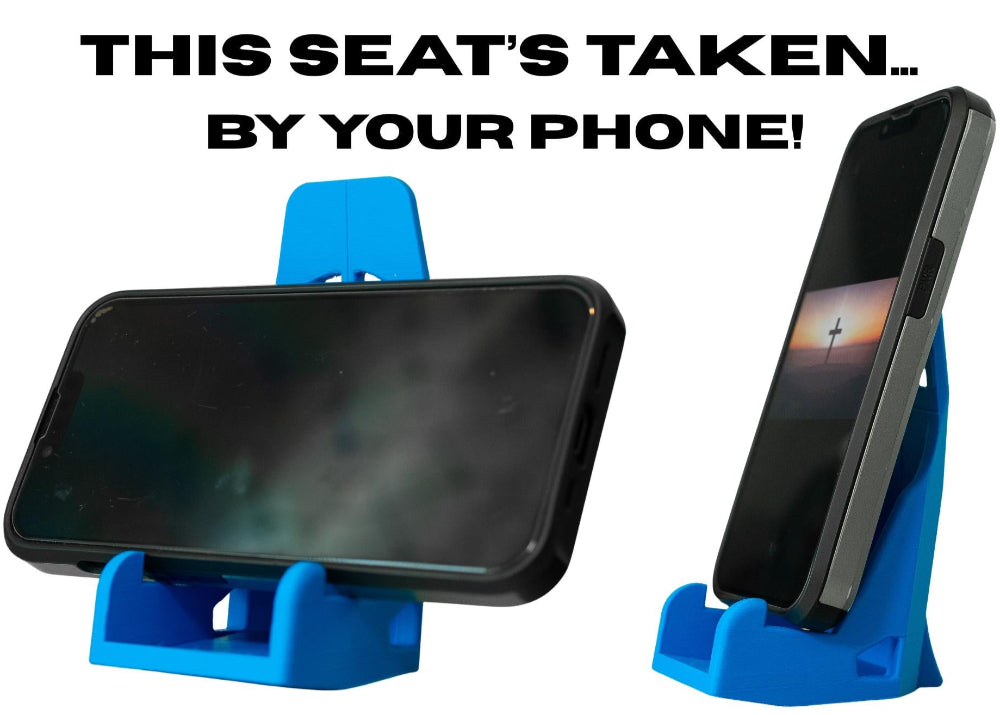 Blue phone holder with two smartphones on a white background with text.