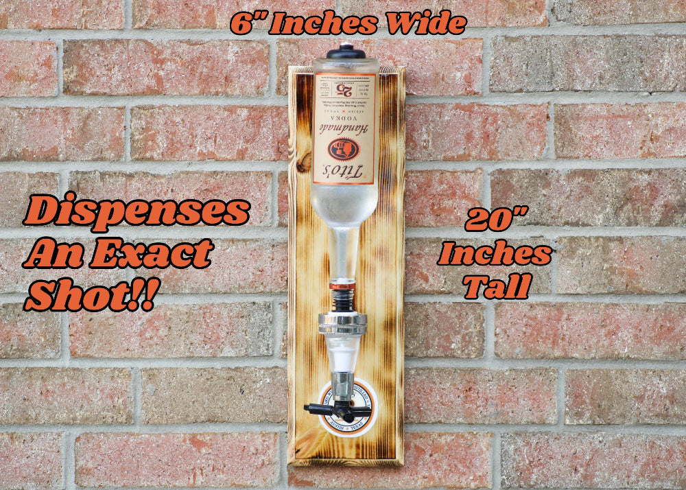 Wooden bottle opener mounted on a brick wall with text indicating dimensions and features.