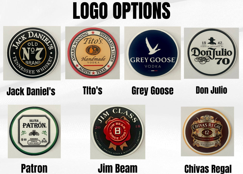 Various liquor brand logos displayed with labels below each logo.