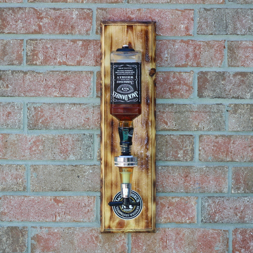 Wooden wall-mounted bottle holder with a bottle on a brick wall