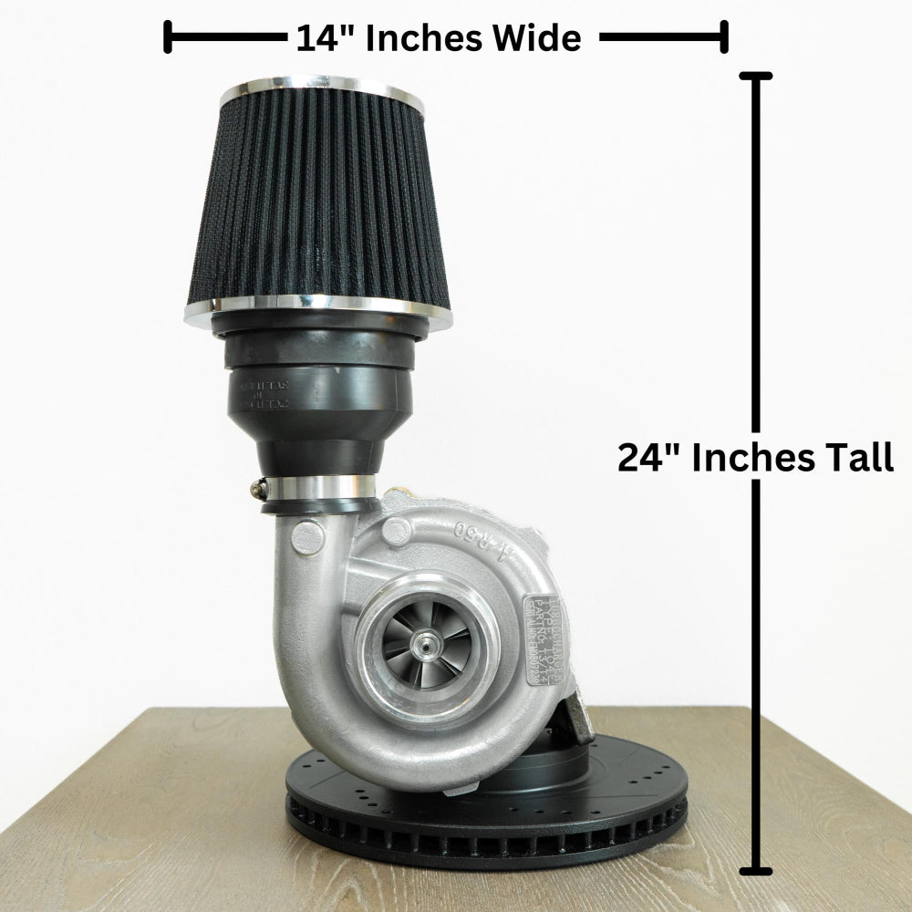 Turbocharger with dimensions labeled on a white background