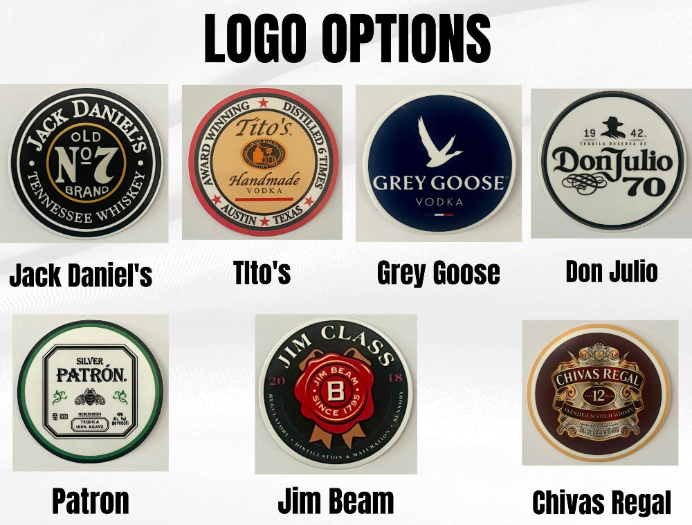 Various liquor brand logos displayed with labels underneath.