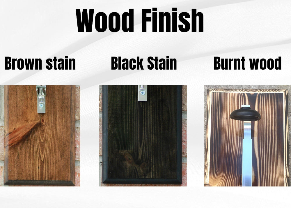 Three wood finish samples labeled 'Brown stain', 'Black Stain', and 'Burnt wood' on a white background.