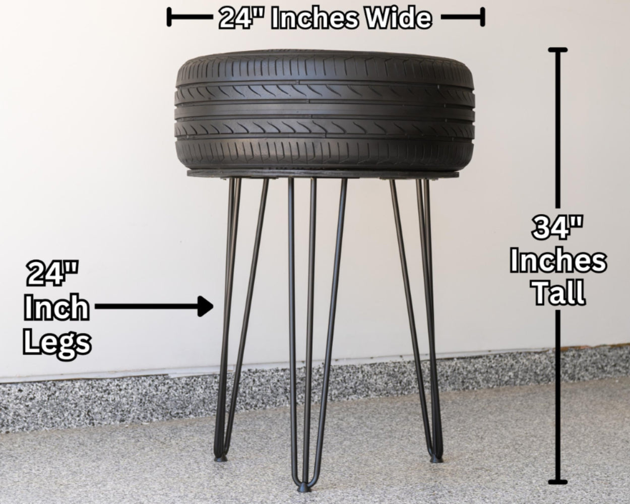 Stool made from a recycled tire with measurements labeled on a plain background
