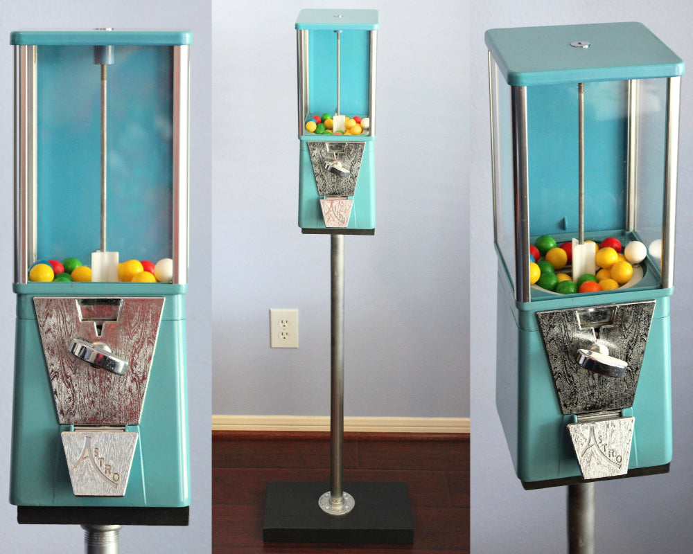 Three views of a teal arcade-style game with fruit characters on a gray background.