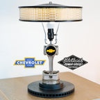 Lamp made from a car air filter with Chevrolet and Edelbrock logos on a white background
