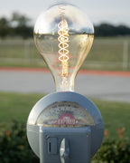 Decorative light bulb with a vintage design outdoors on a grassy area.