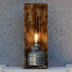 Decorative lamp with wooden panel on a textured wall