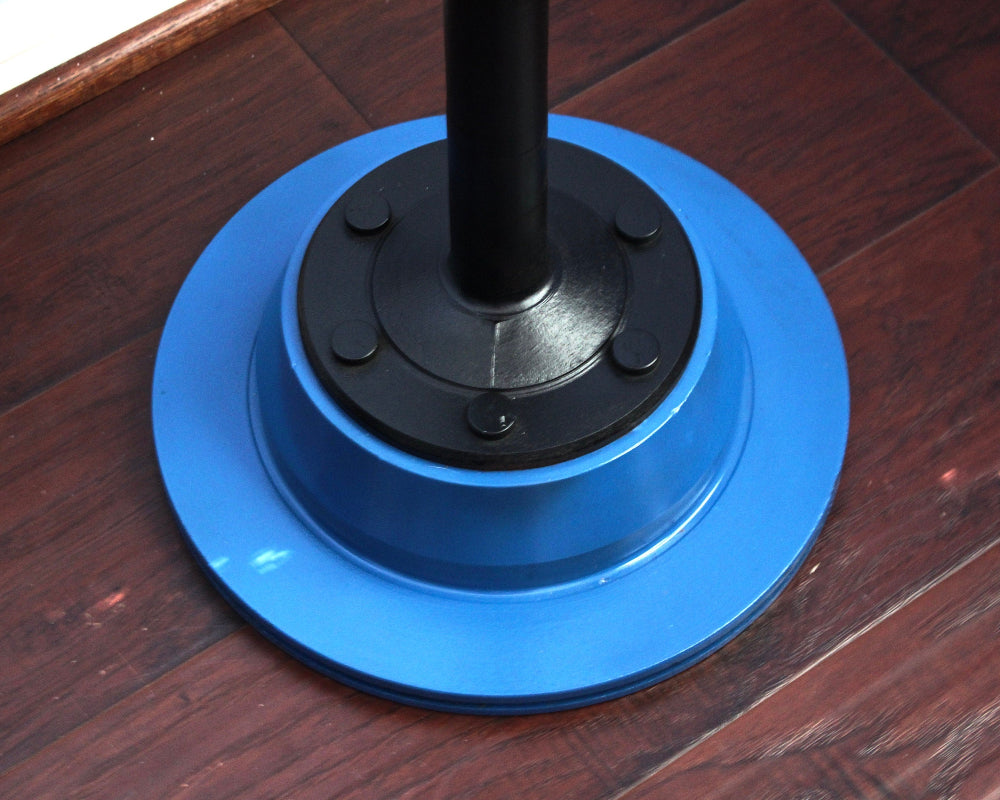 Blue and black circular object on a wooden surface