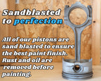 Metal piston on a wooden surface with sandblasting text overlay