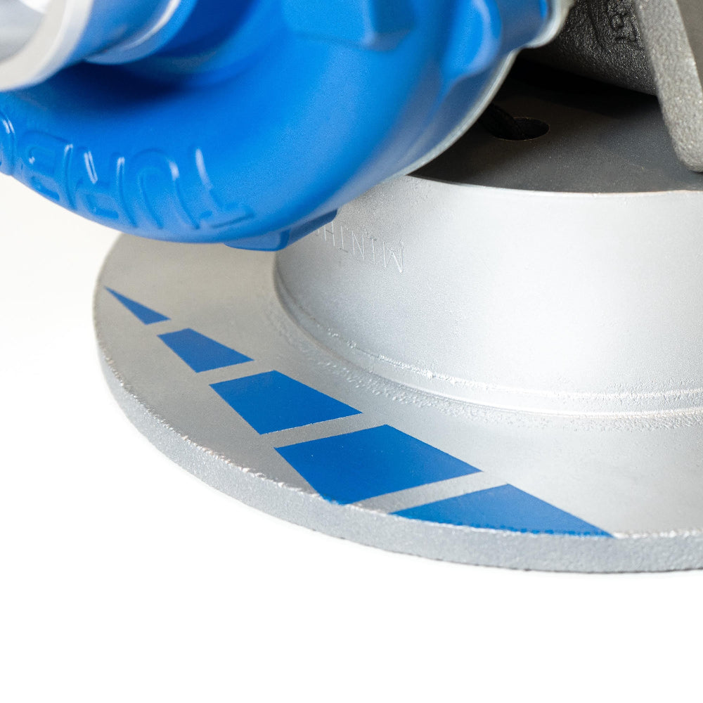 Close-up of a blue and gray sander on a white background
