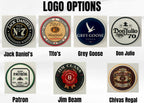 Various liquor brand logos displayed with labels underneath.