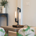 Modern lamp on a wooden table in a living room setting