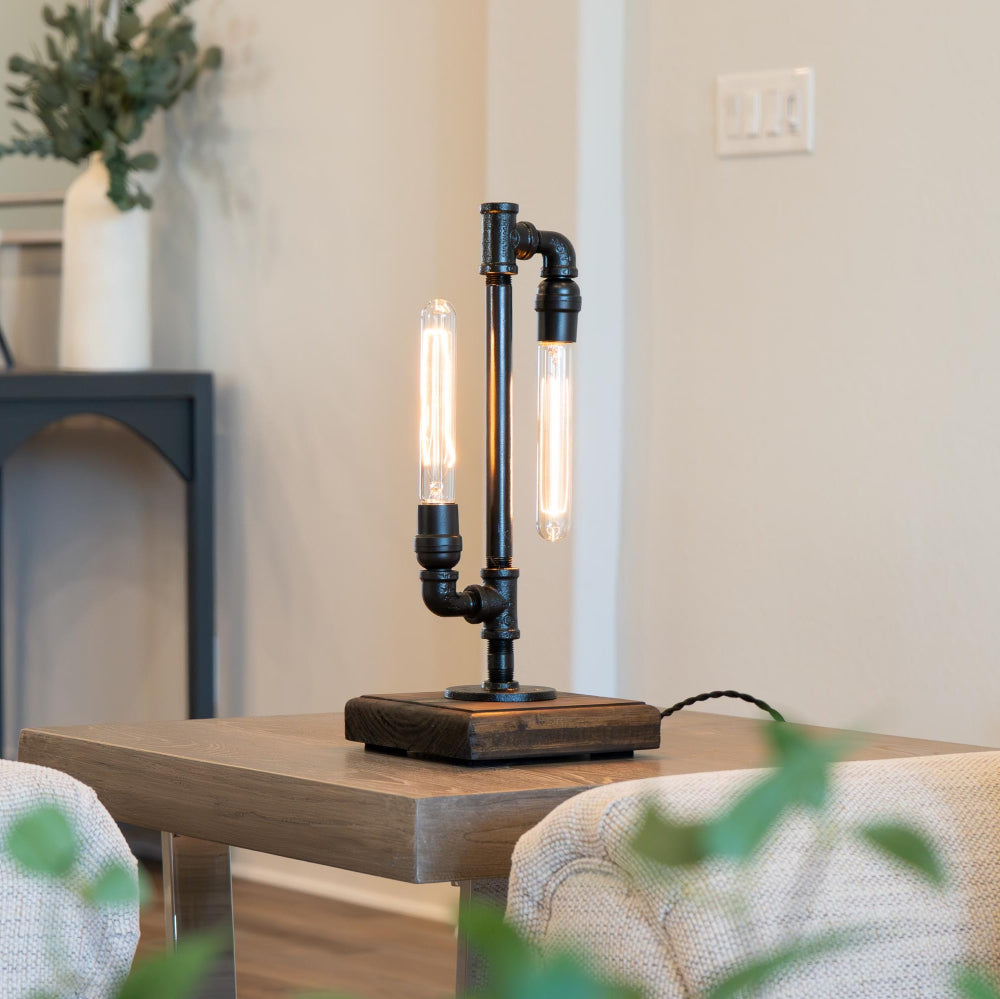 Modern lamp on a wooden table in a living room setting