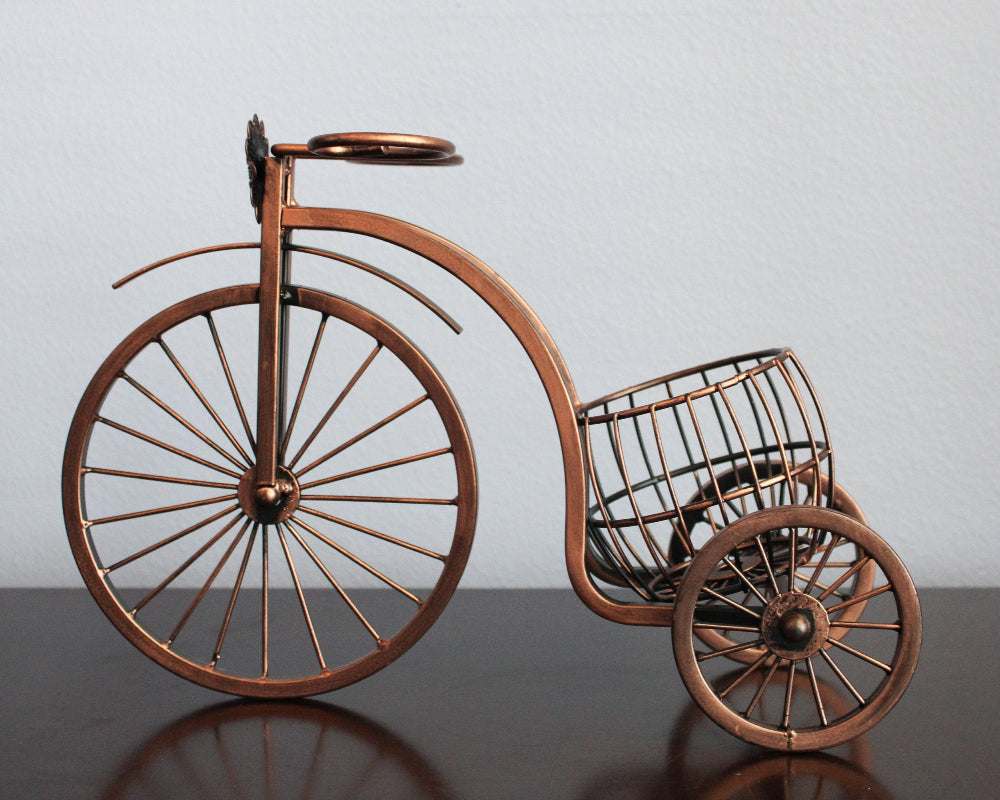 Bronze bicycle model with a small cart on a reflective surface