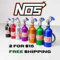 Collection of colorful NOS (Nitrous Oxide Systems) canisters on a white background with promotional text.