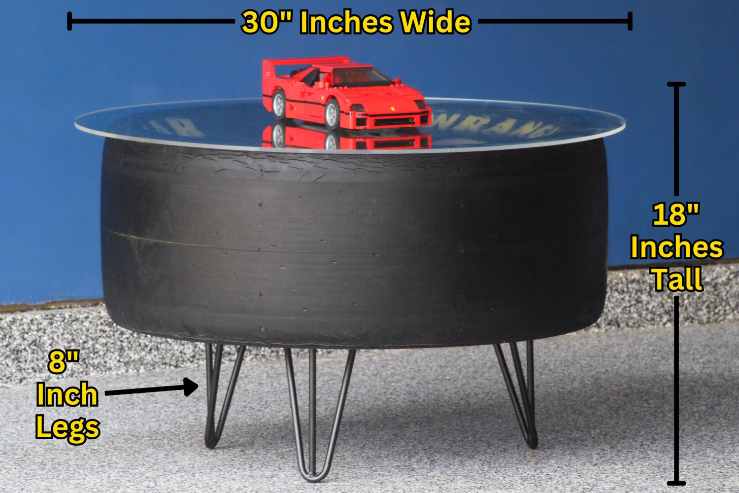 Black round coffee table with measurements labeled on a blue and gray background