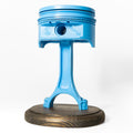 Blue piston on a wooden stand against a white background