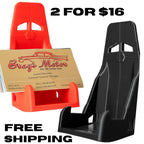 Black car seat and red holder with Brags Motor business card on a white background