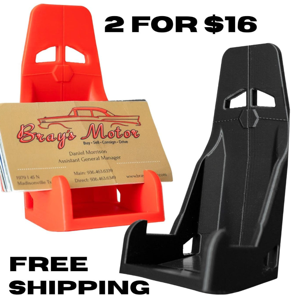 Black car seat and red holder with Brags Motor business card on a white background
