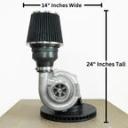 Turbocharger with dimensions labeled on a white background