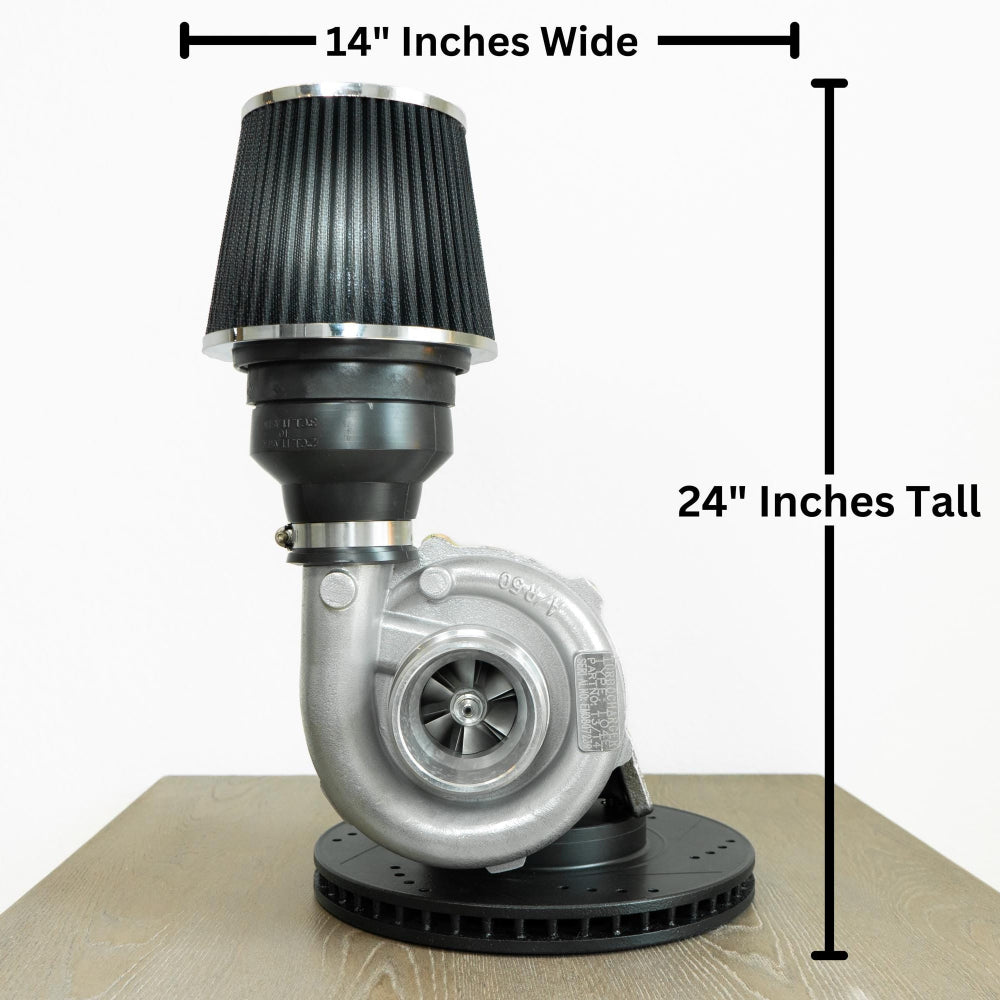 Turbocharger with dimensions labeled on a white background