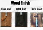 Three wood finish samples labeled 'Brown stain', 'Black Stain', and 'Burnt wood' on a white background.