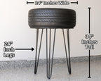 Stool made from a recycled tire with measurements labeled on a plain background