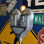Car guy parking meter lamp combining authentic vintage hardware with everyday lighting use.