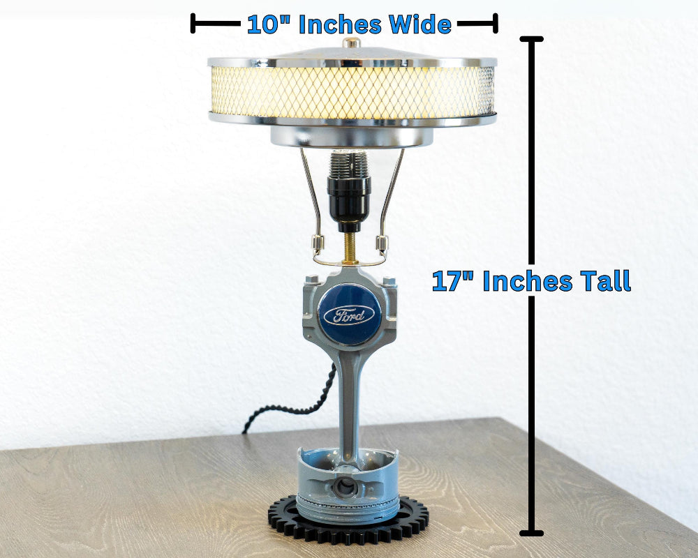 Ford engine piston lamp designed as home decor, blending real automotive parts with a refined and finished lighting design.