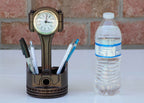 Garage desk piston clock combining mechanical style with everyday practicality and organized storage.