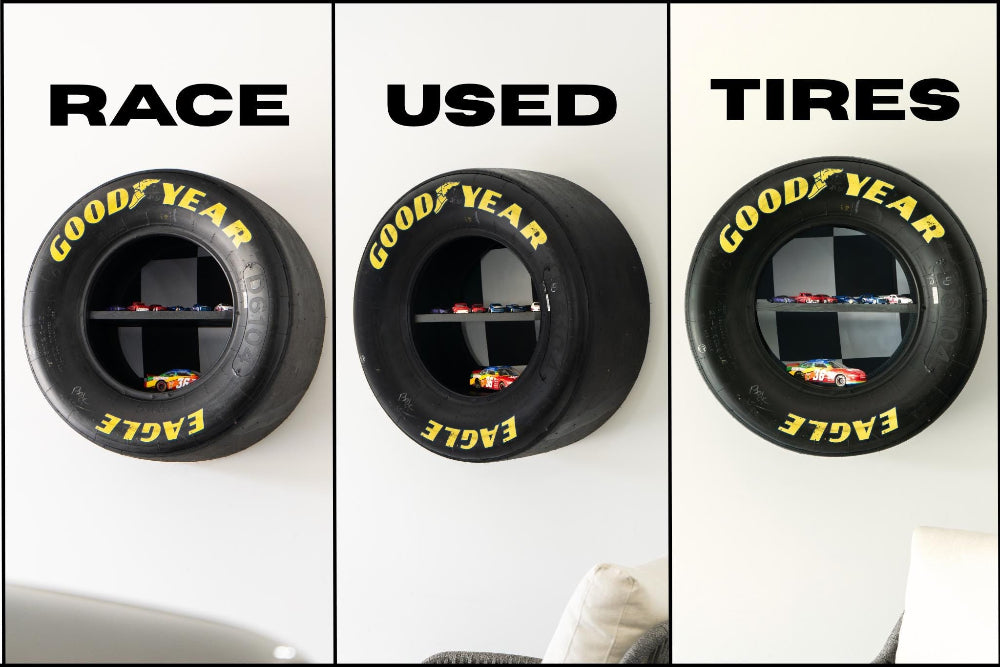 Goodyear Eagle racing tire shelf with integrated storage and checkered flag display backing.