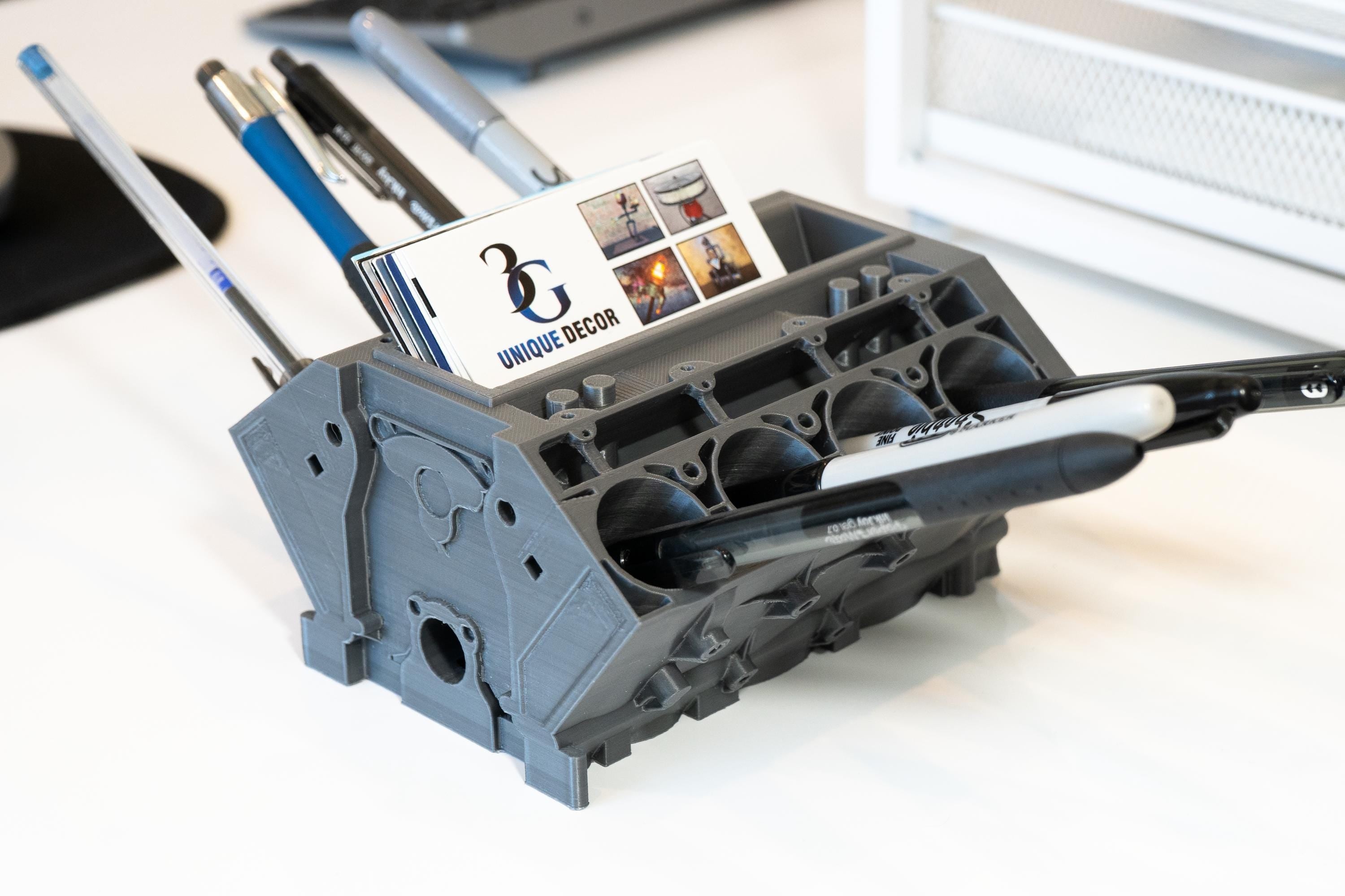 Chevy Engine Block Business Card & Pen Holder – Auto Office Holder, Auto Desk Organizer