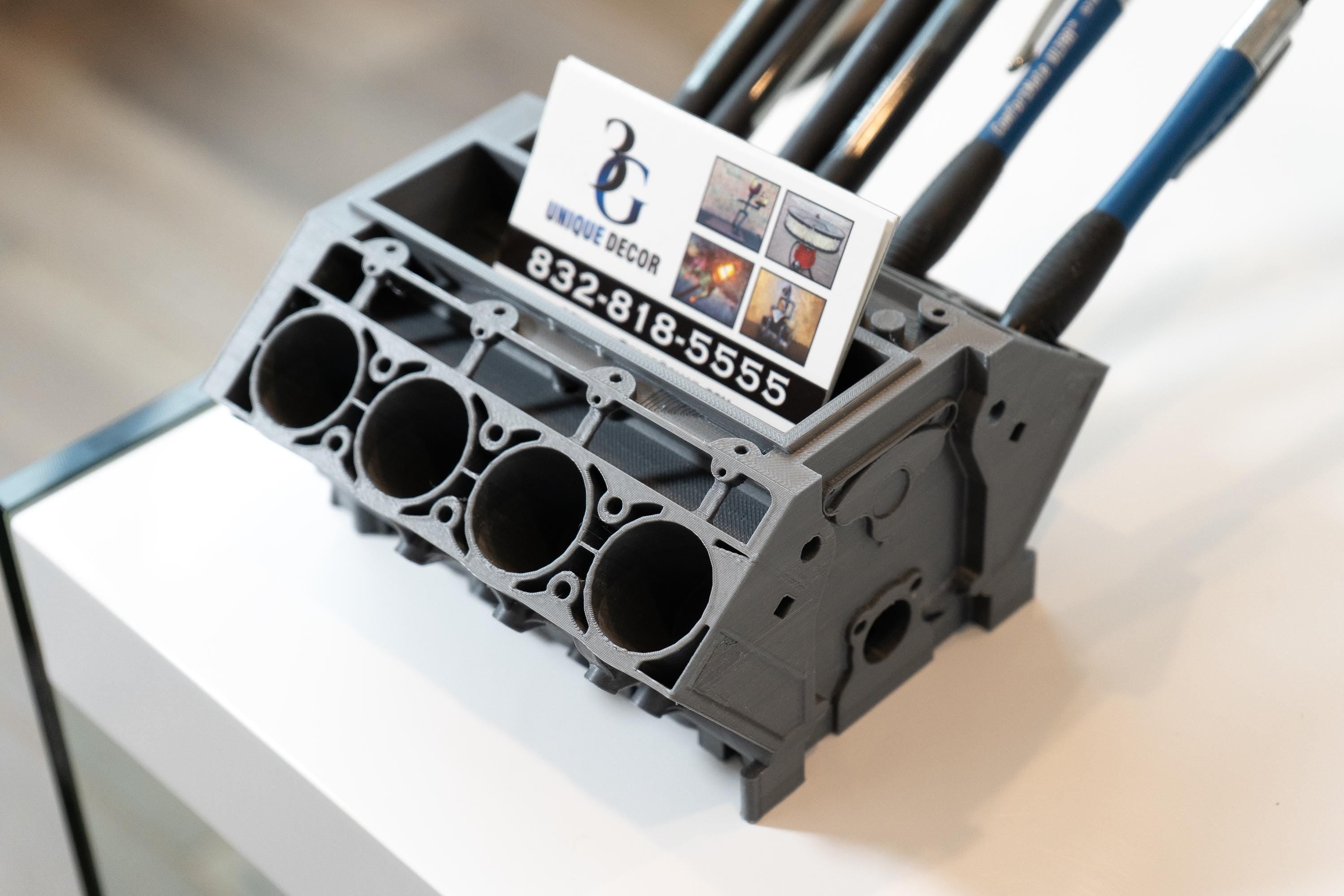 Chevy Engine Block Business Card & Pen Holder – Auto Office Holder, Auto Desk Organizer