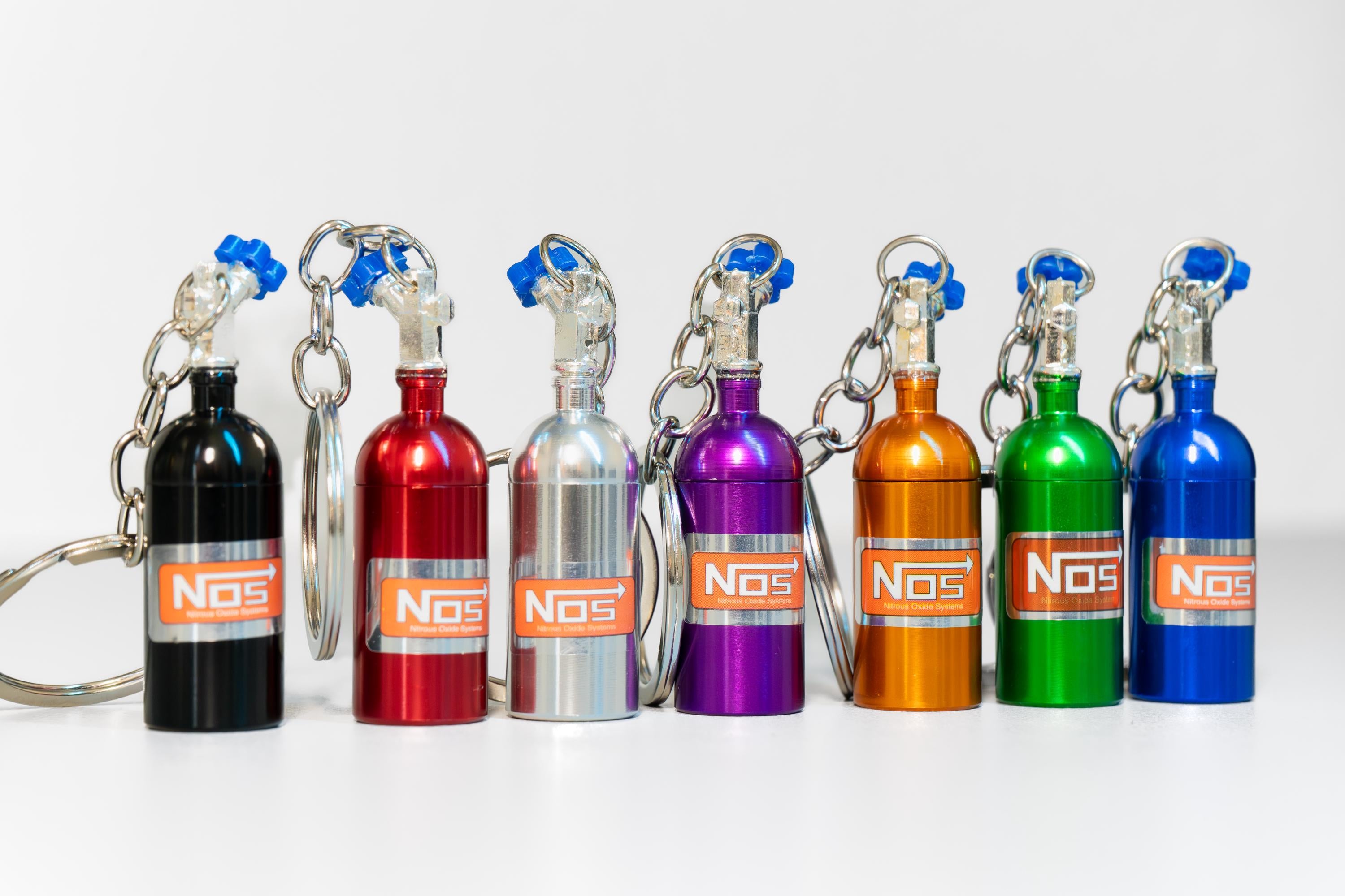 NOS Bottle Keychain Set (2) | Automotive Keyring for Speed Lovers | Car Parts Gift