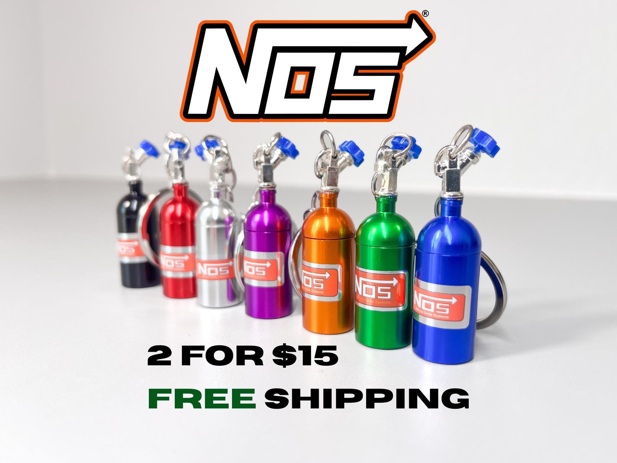 NOS Bottle Keychain Set (2) | Automotive Keyring for Speed Lovers | Car Parts Gift