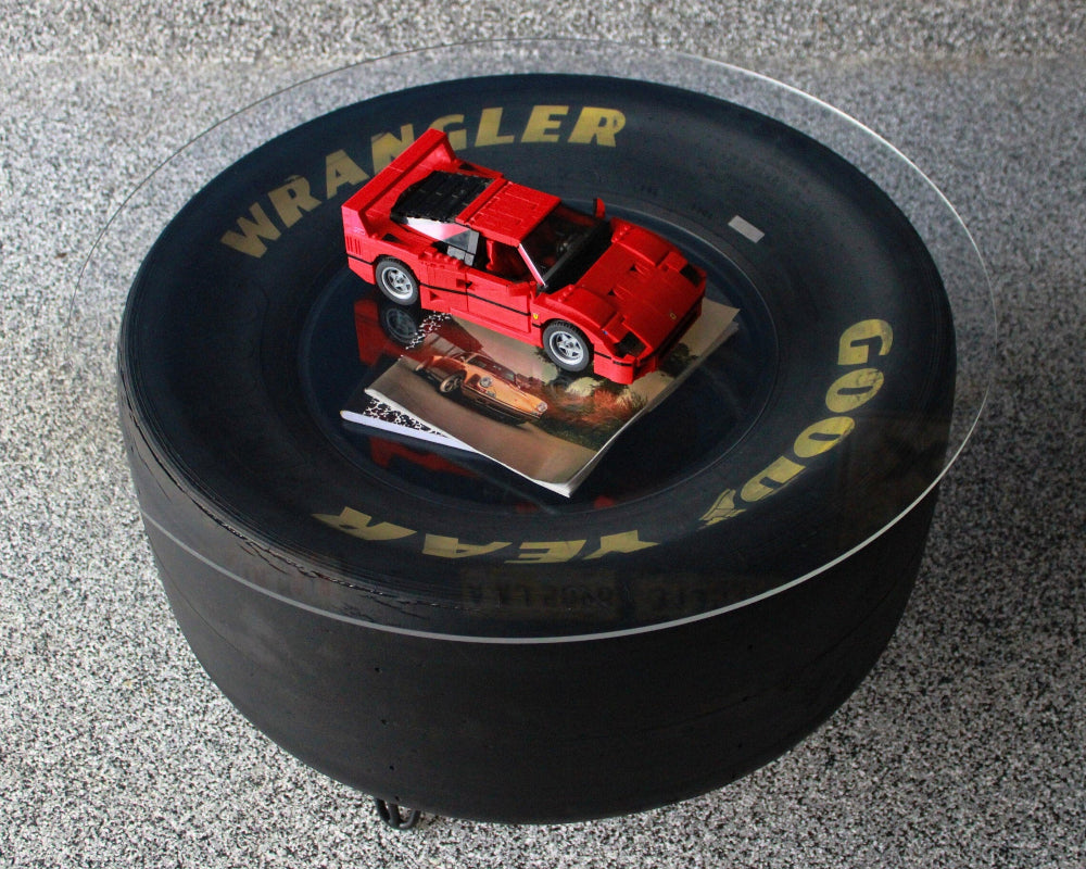 NASCAR table built from a real race tire for garages and man cave spaces.
