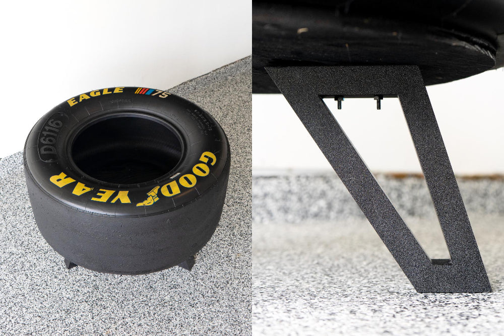 Collector racing tire table built from genuine motorsports equipment.